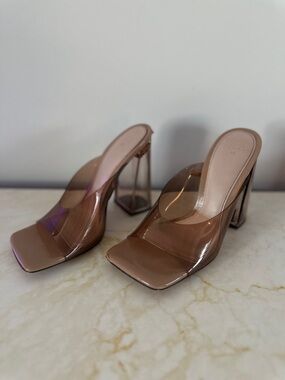 Zara Clear Brown Lucite Block Heel Mule